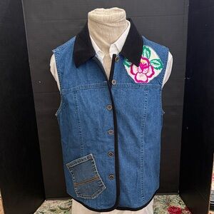 Reimagined Artistic Denim Vest with Colorful Embroidered Fabric Sz M/L